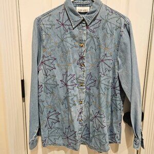 Vintage Casey & Max Jean Denim Shirt Stitched Leaves-Perfect for Fall